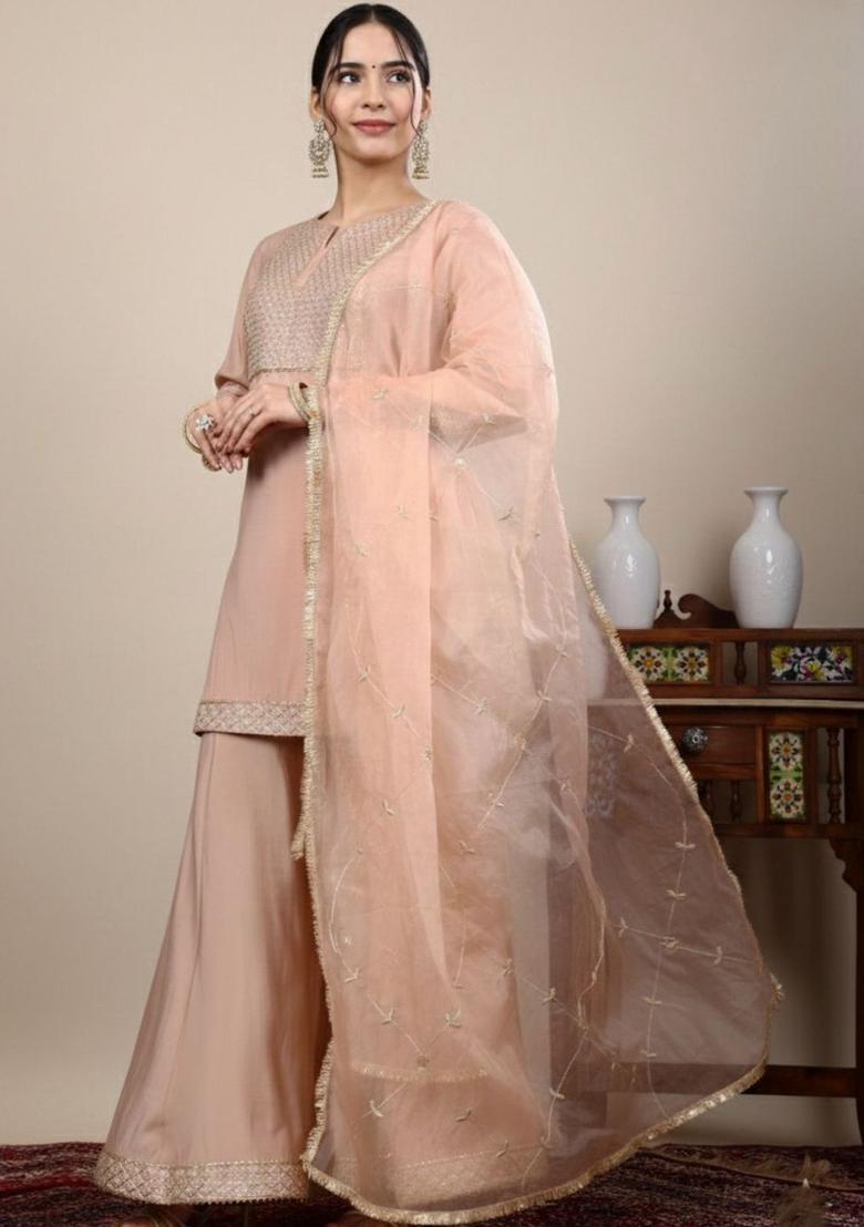 Peach Embroidered Silk Blend Kurta Sets - Indya