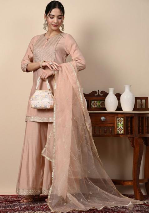 Peach Embroidered Silk Blend Kurta Sets