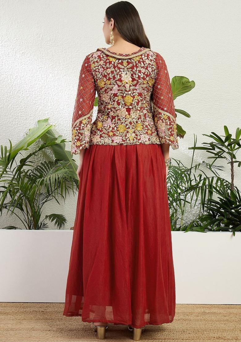 Red Embroidered Georgette Kurta Sets - Indya