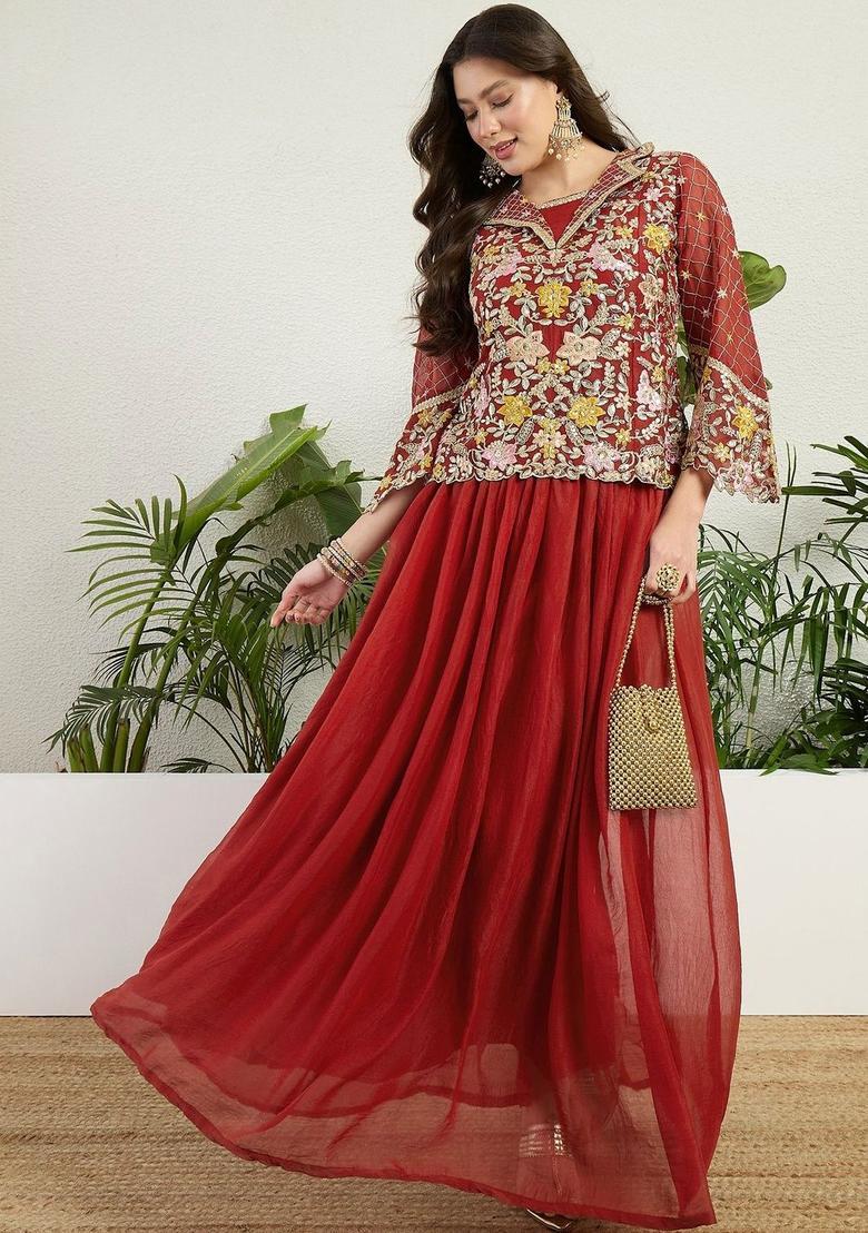 Red Embroidered Georgette Kurta Sets - Indya