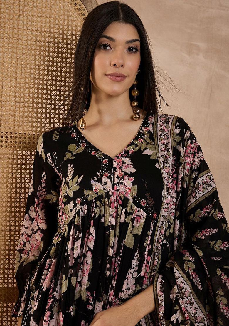 Black Printed Voile Anarkli Sets - Indya