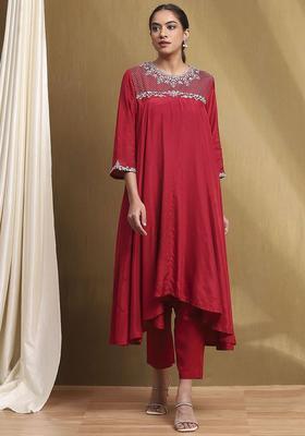 Red Embroidered Cotton Kurta Sets