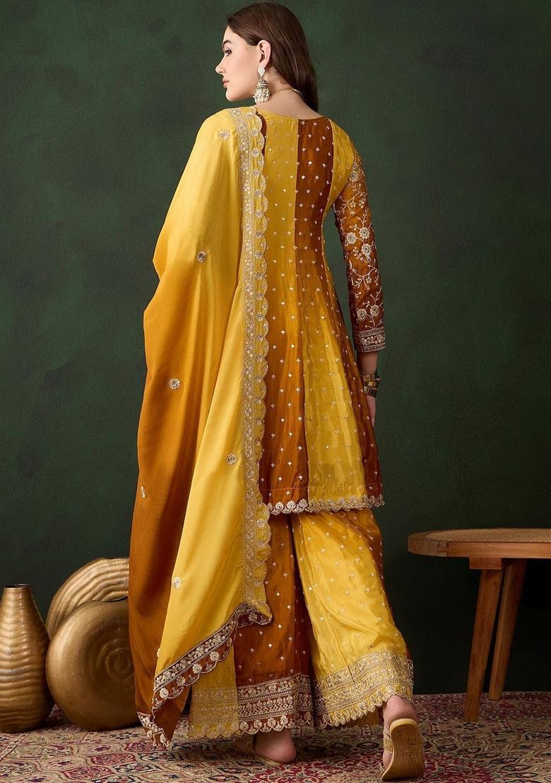 Yellow Embroidered Chinon Kurta Sets - Indya