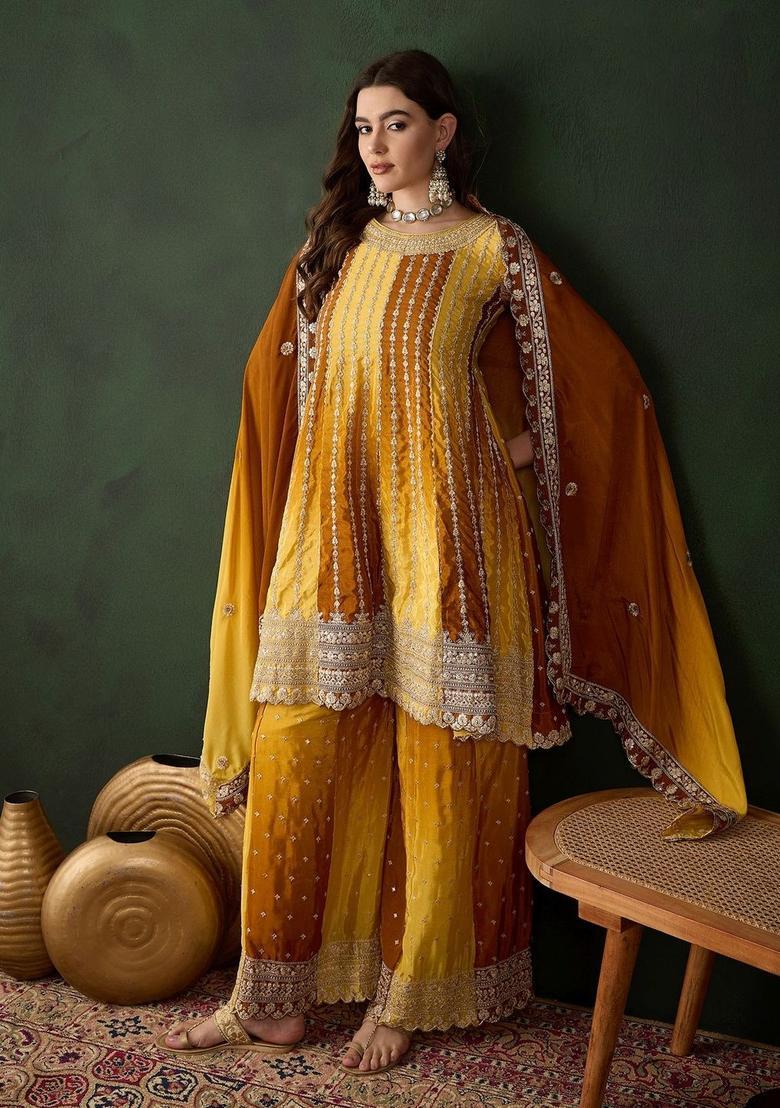 Yellow Embroidered Chinon Kurta Sets - Indya