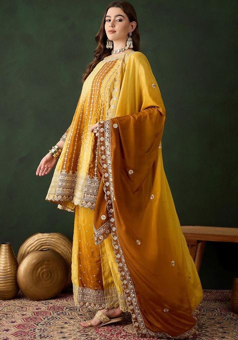 Yellow Embroidered Chinon Kurta Sets