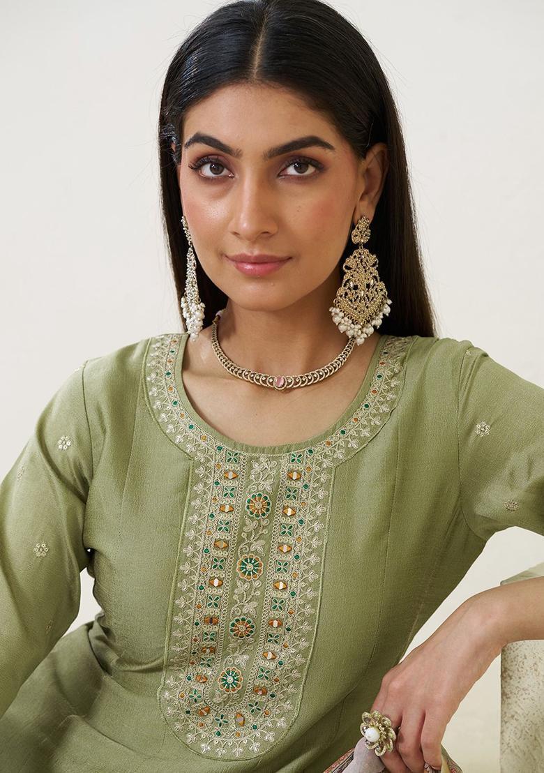 Olive Embroidered Silk Blend Kurta Sets - Indya