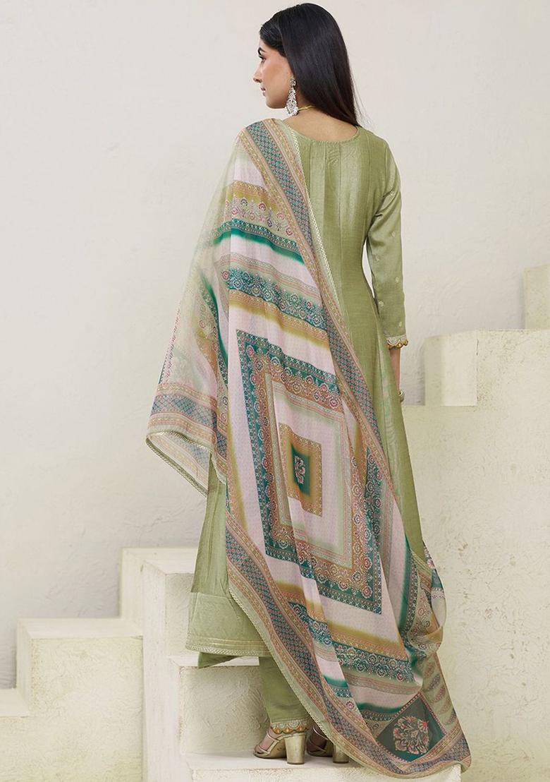 Olive Embroidered Silk Blend Kurta Sets - Indya