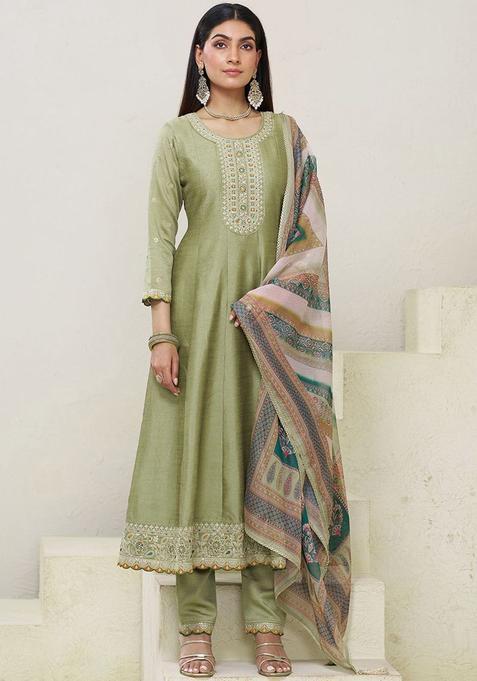 Olive Embroidered Silk Blend Kurta Sets