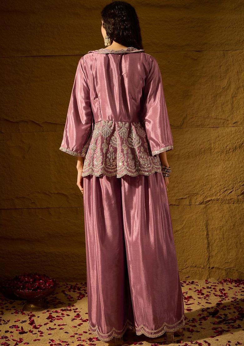 Purple Embroidered Chinon Kurta Sets - Indya