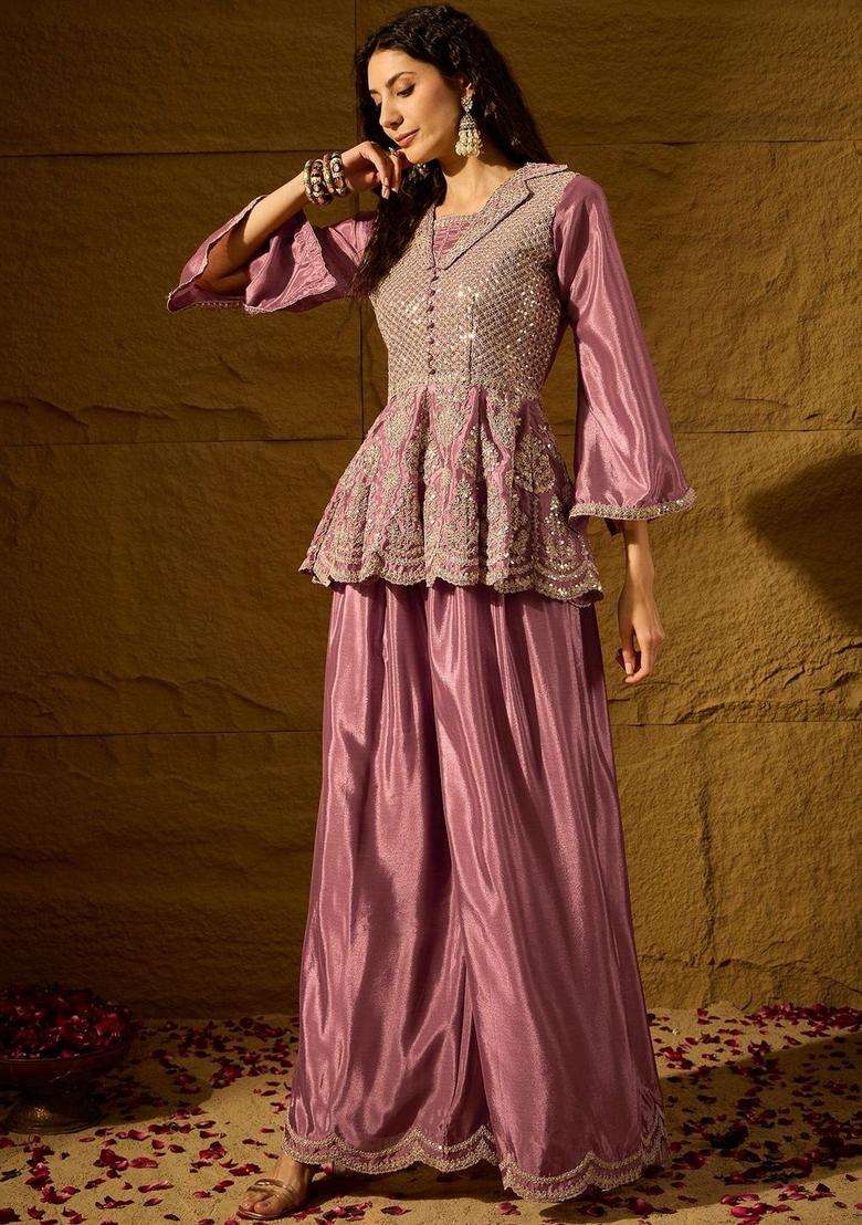 Purple Embroidered Chinon Kurta Sets - Indya