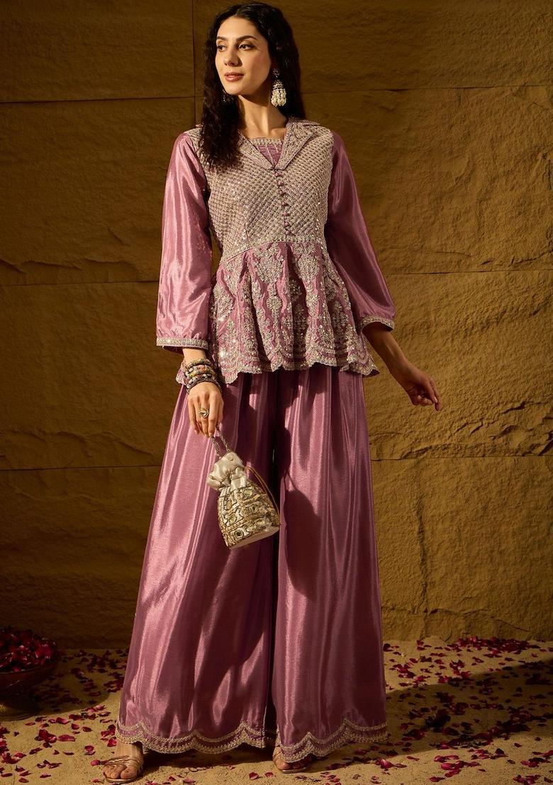 Purple Embroidered Chinon Kurta Sets - Indya
