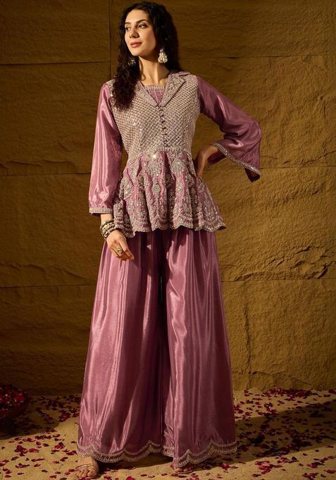Purple Embroidered Chinon Kurta Sets