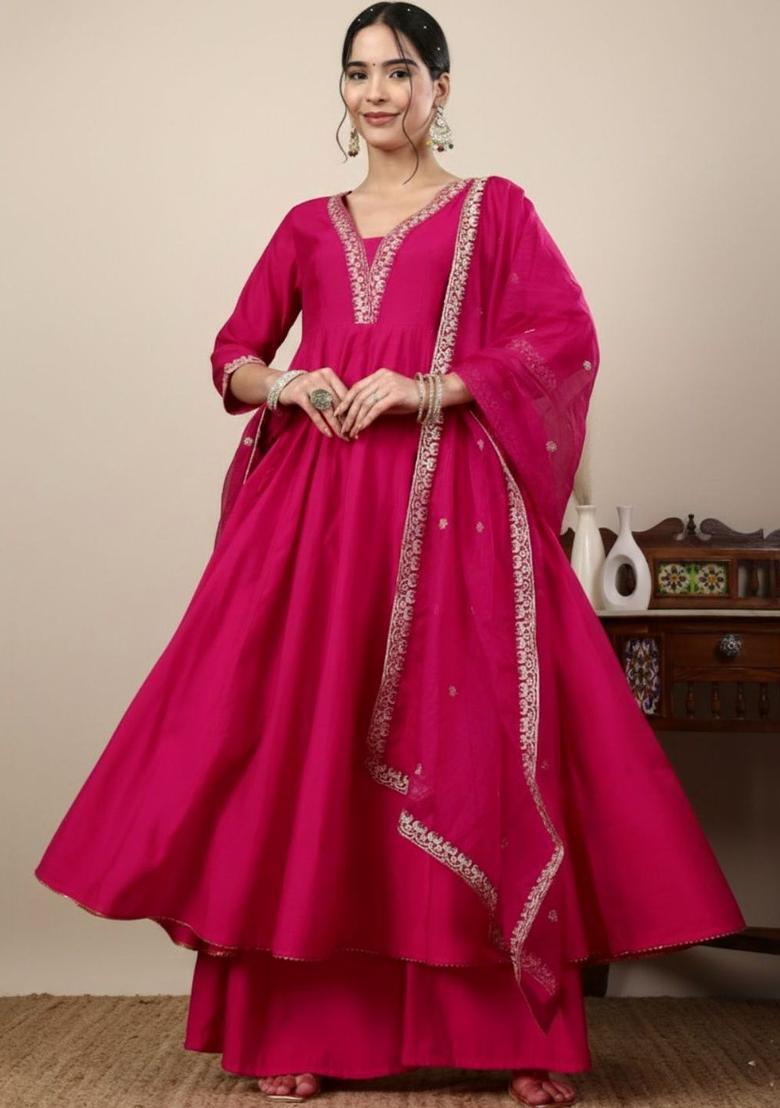Fuchsia Solid Silk Blend Anarkli Sets - Indya