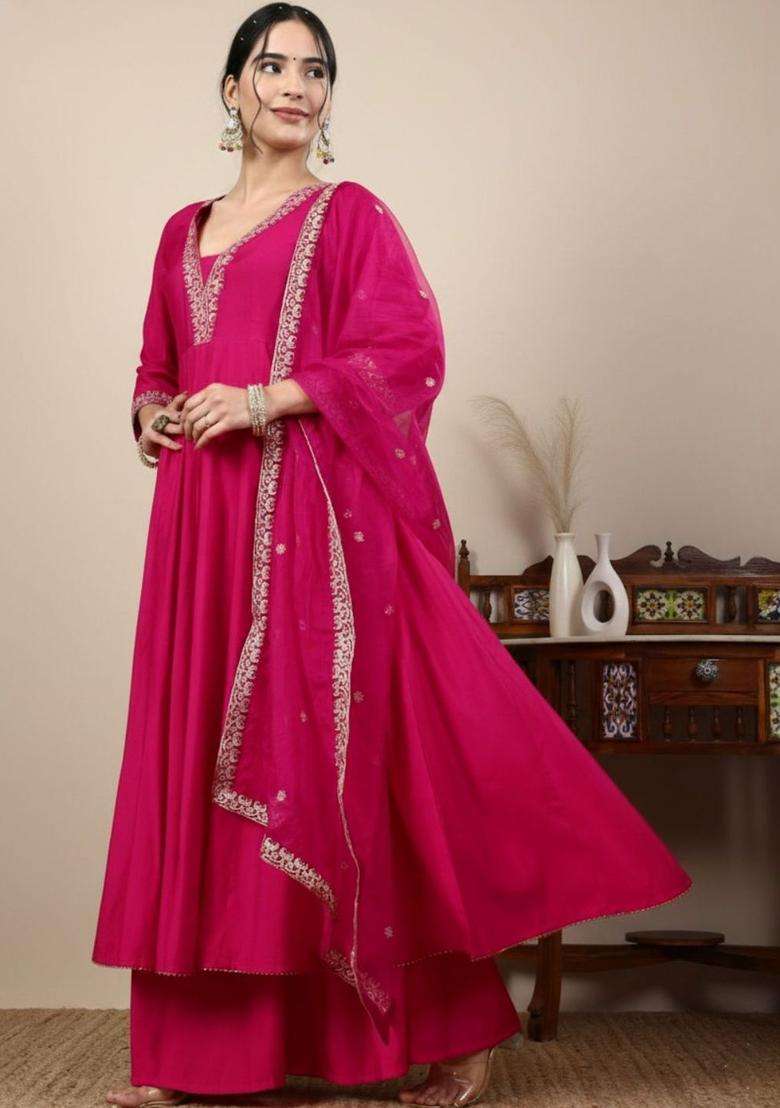 Fuchsia Solid Silk Blend Anarkli Sets - Indya
