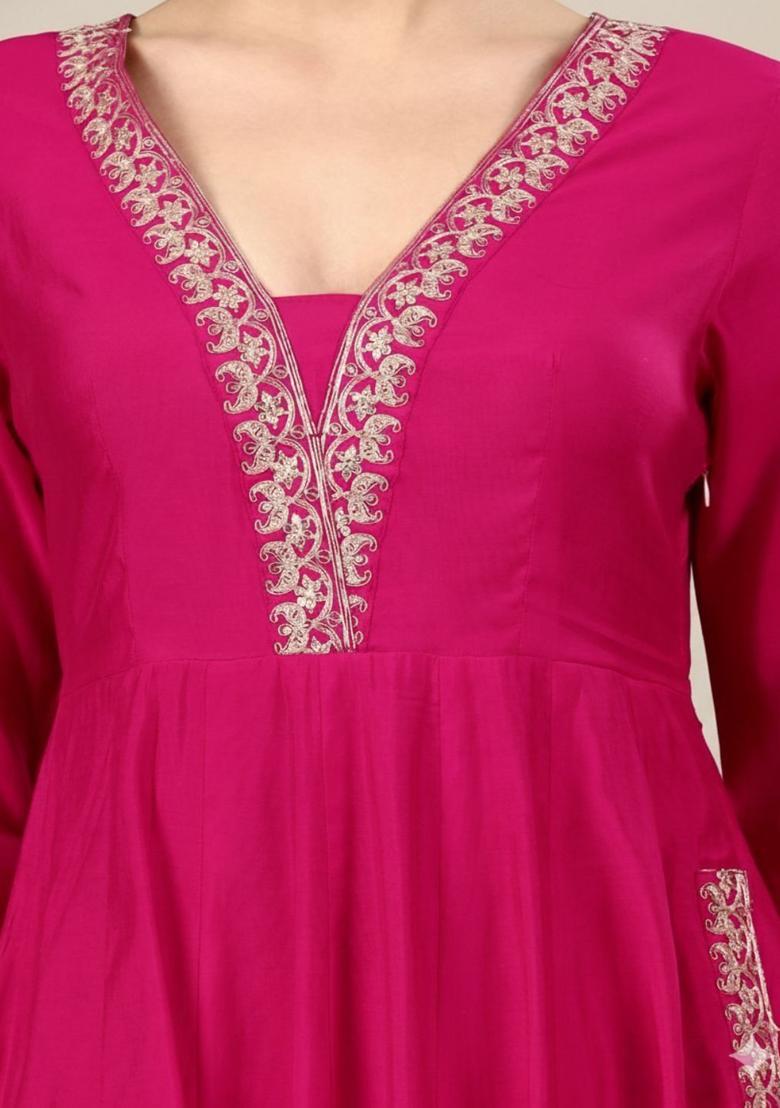 Fuchsia Solid Silk Blend Anarkli Sets - Indya