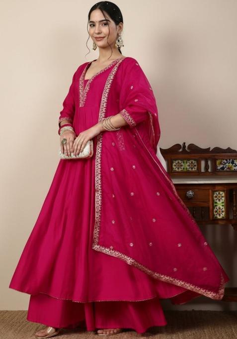 Fuchsia Solid Silk Blend Anarkli Sets