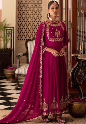 Red Embroidered Georgette Anarkli Sets