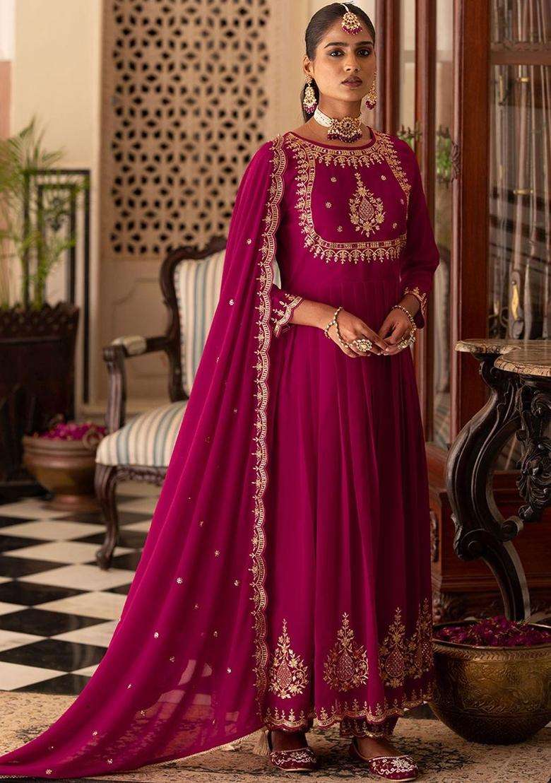 Red Embroidered Georgette Anarkli Sets - Indya