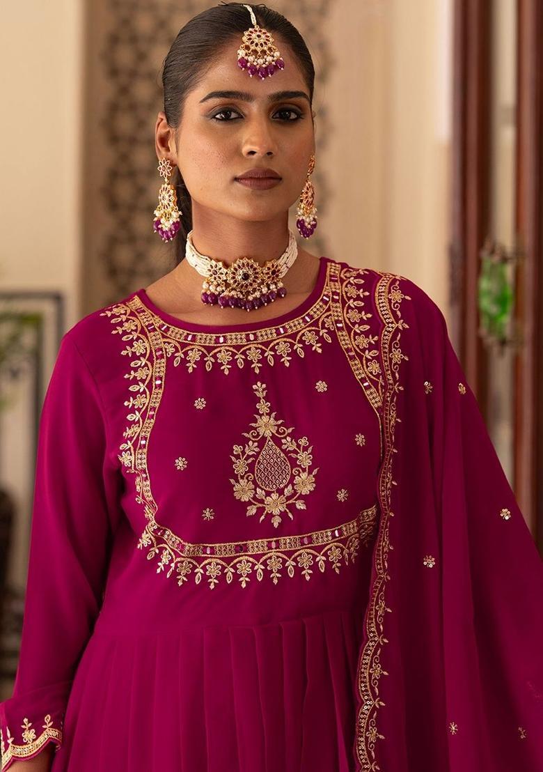 Red Embroidered Georgette Anarkli Sets - Indya