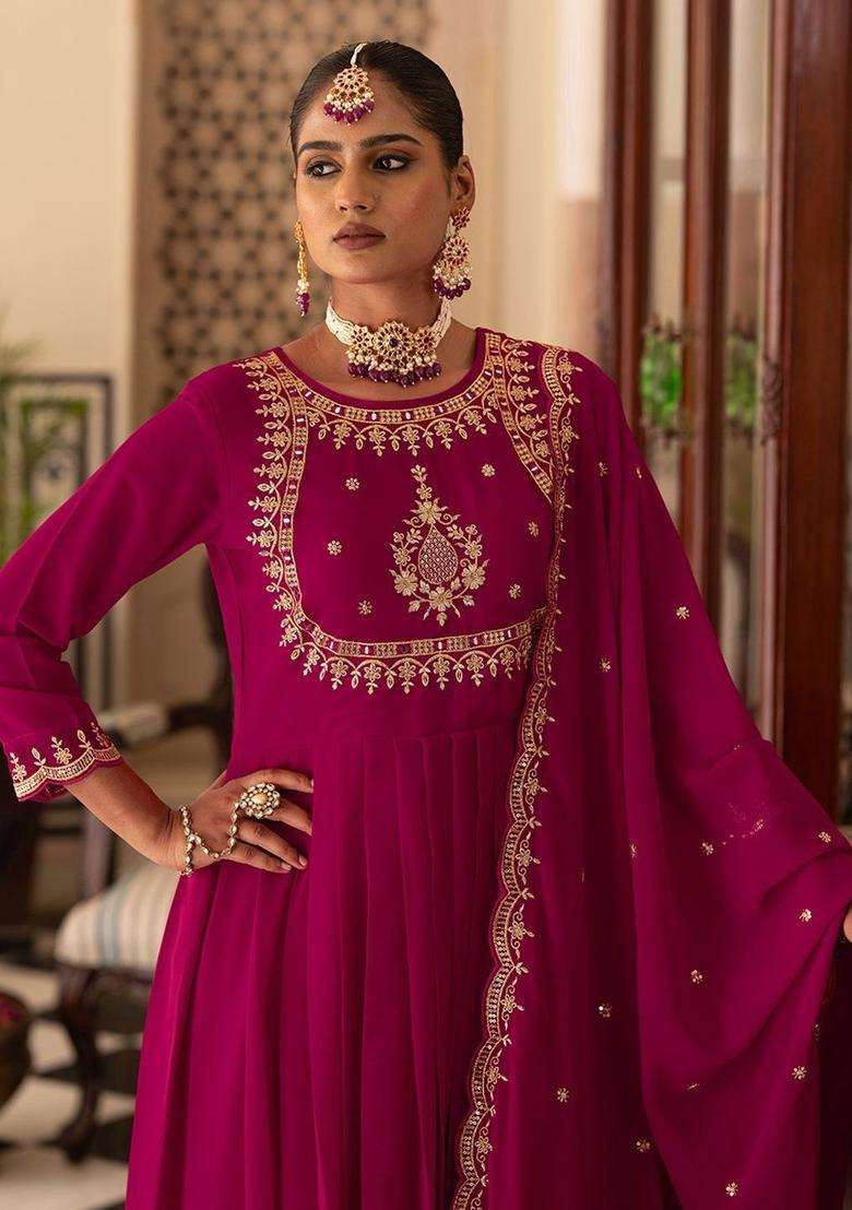 Red Embroidered Georgette Anarkli Sets - Indya