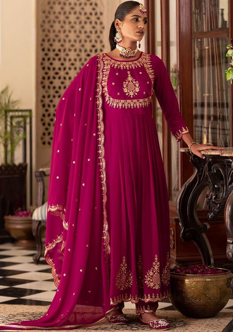 Red Embroidered Georgette Anarkli Sets - Indya