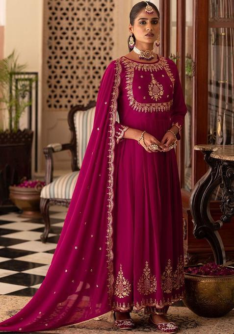Red Embroidered Georgette Anarkli Sets