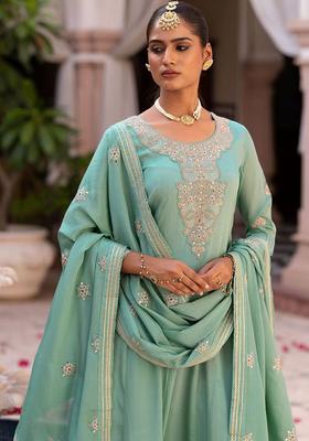 Blue Embroidered Chinon Anarkli Sets