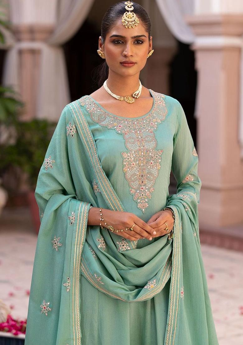 Blue Embroidered Chinon Anarkli Sets - Indya