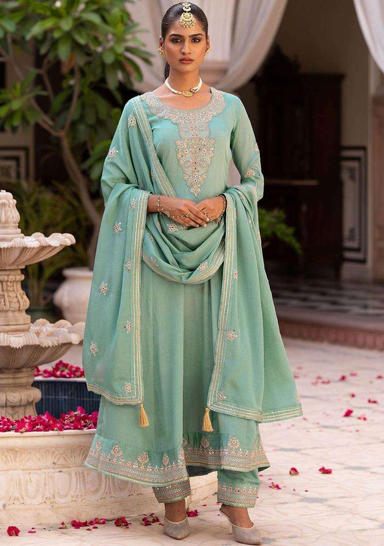 Blue Embroidered Chinon Anarkli Sets - Indya