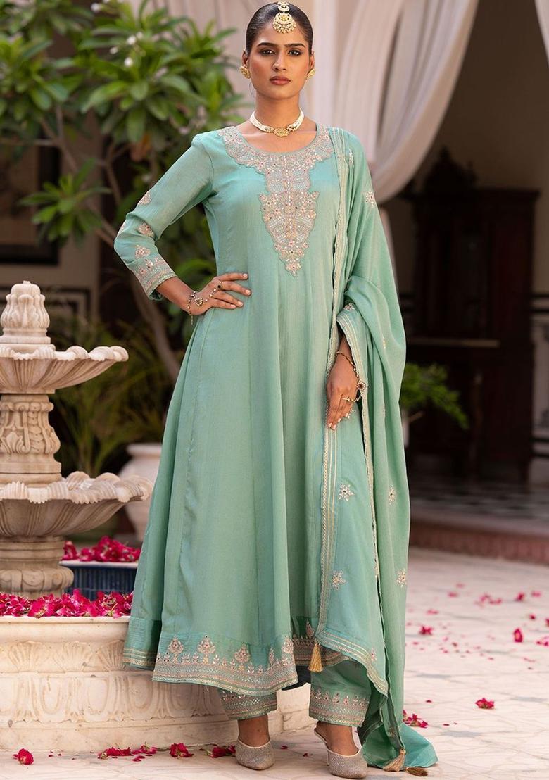 Blue Embroidered Chinon Anarkli Sets - Indya