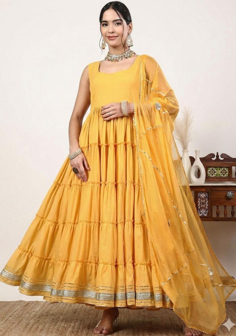 Yellow Solid Cotton Anarkli Sets - Indya