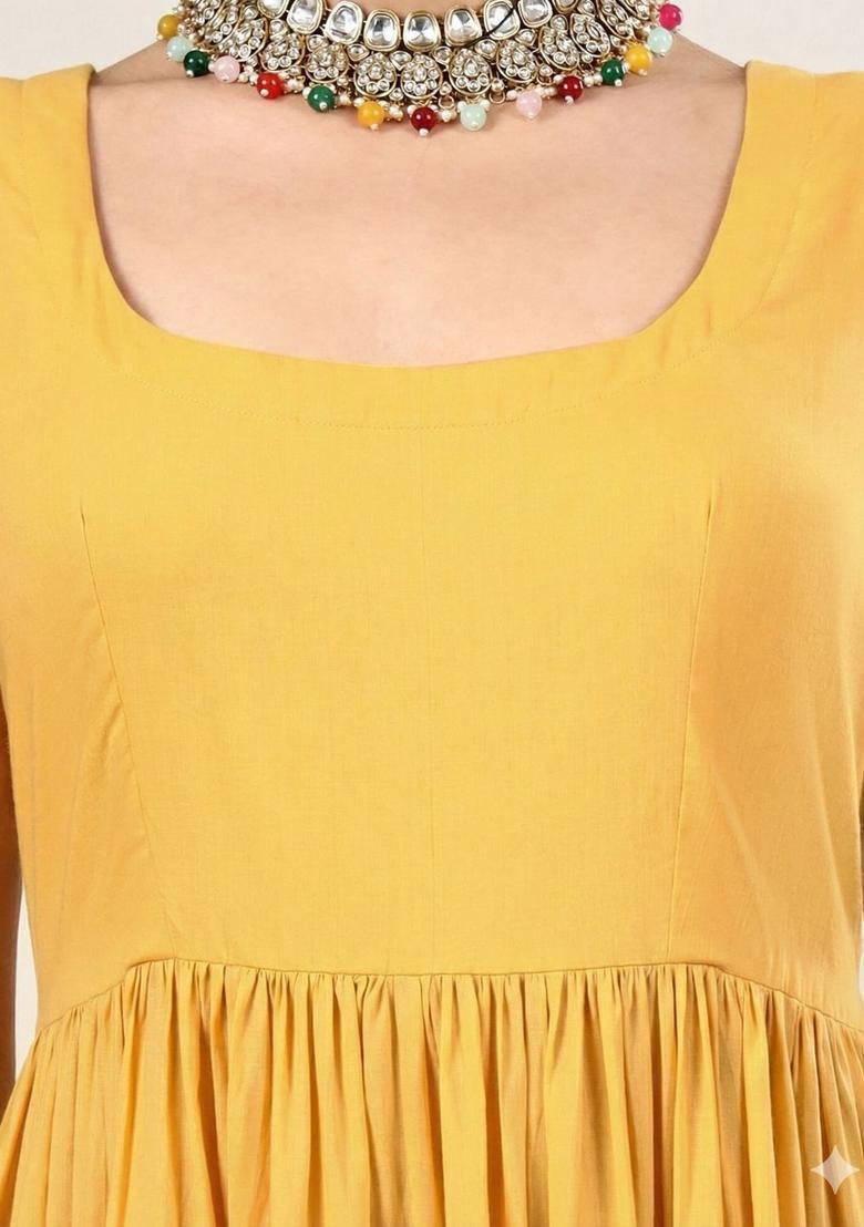 Yellow Solid Cotton Anarkli Sets - Indya