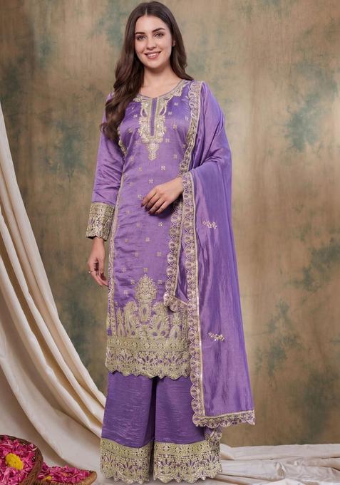 Purple Printed Silk Anarkli Sets