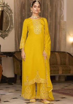 Yellow Embroidered Silk Blend Kurta Sets