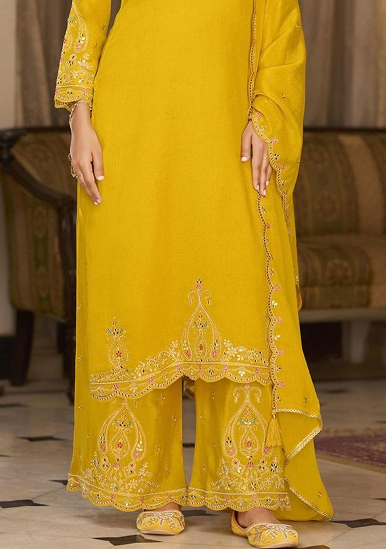 Yellow Embroidered Silk Blend Kurta Sets - Indya