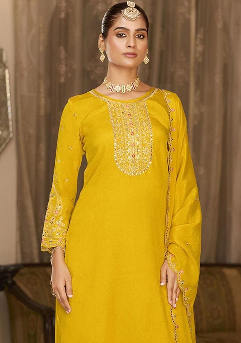 Yellow Embroidered Silk Blend Kurta Sets - Indya