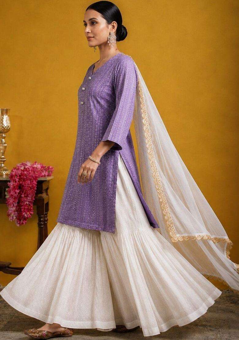 Purple Self Design Georgette Kurta Sets - Indya