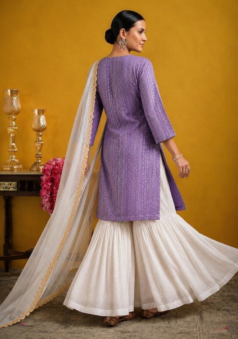 Purple Self Design Georgette Kurta Sets - Indya