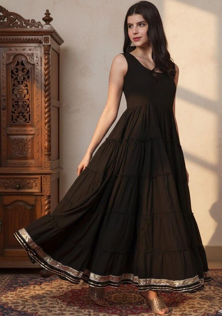 Black Solid Cotton Anarkli Sets - Indya