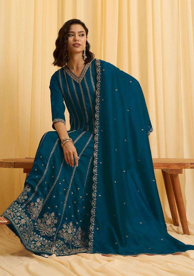 Teal Embroidered Silk Blend Kurta Sets - Indya