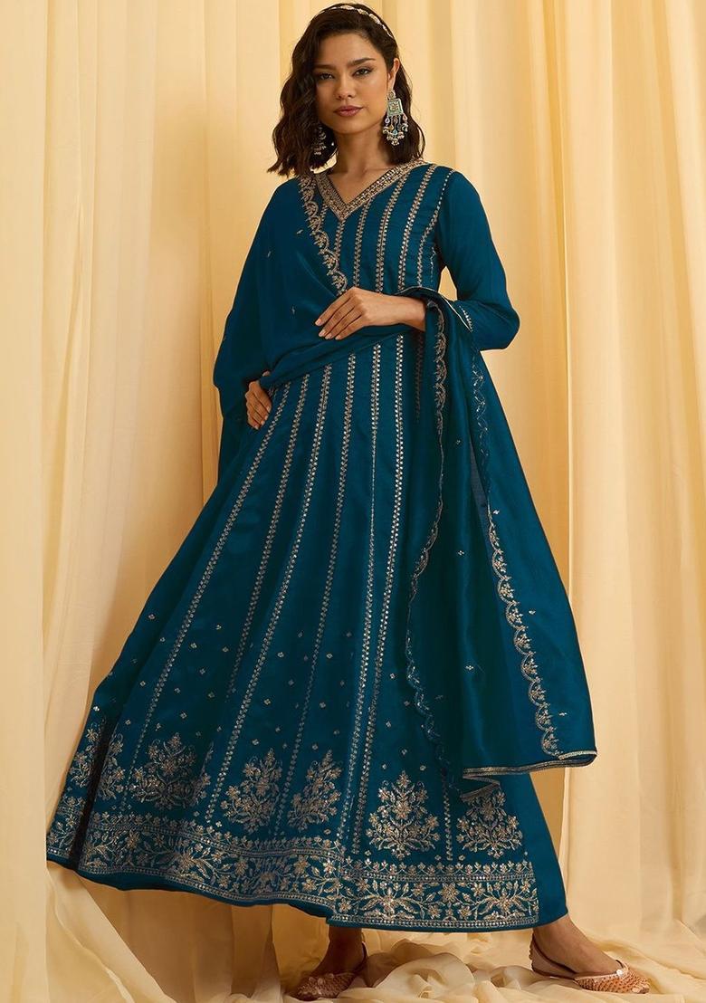 Teal Embroidered Silk Blend Kurta Sets - Indya