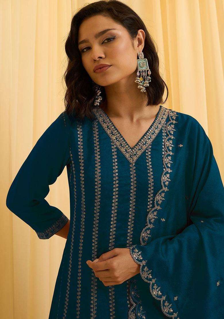 Teal Embroidered Silk Blend Kurta Sets - Indya