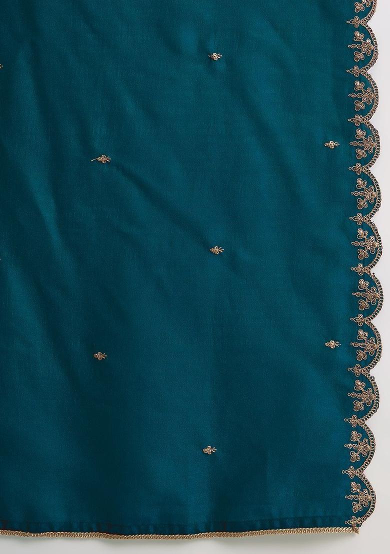 Teal Embroidered Silk Blend Kurta Sets - Indya