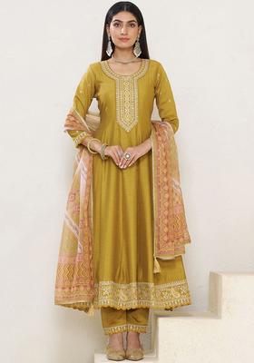 Mustard Embroidered Silk Blend Kurta Sets