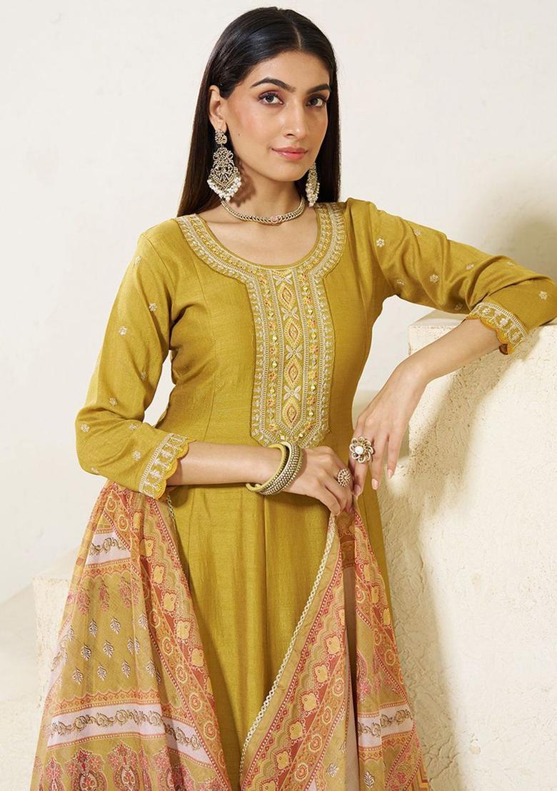 Mustard Embroidered Silk Blend Kurta Sets - Indya