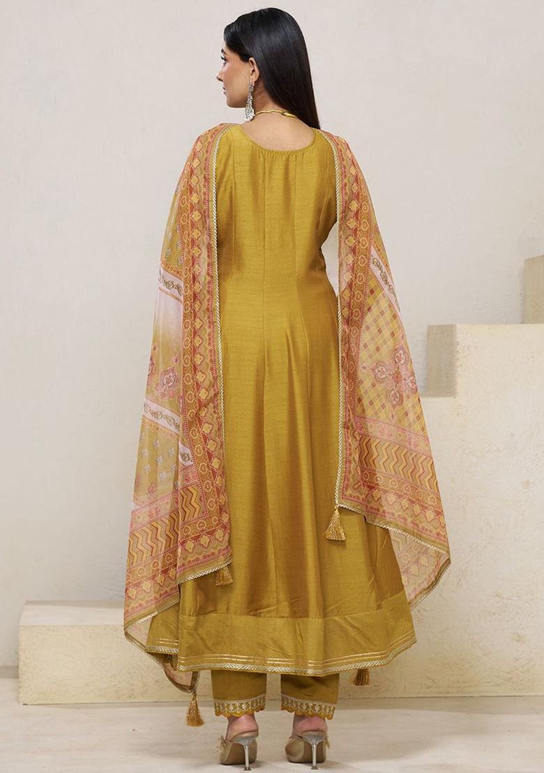 Mustard Embroidered Silk Blend Kurta Sets - Indya