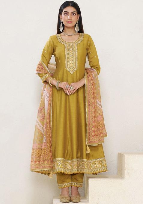 Mustard Embroidered Silk Blend Kurta Sets