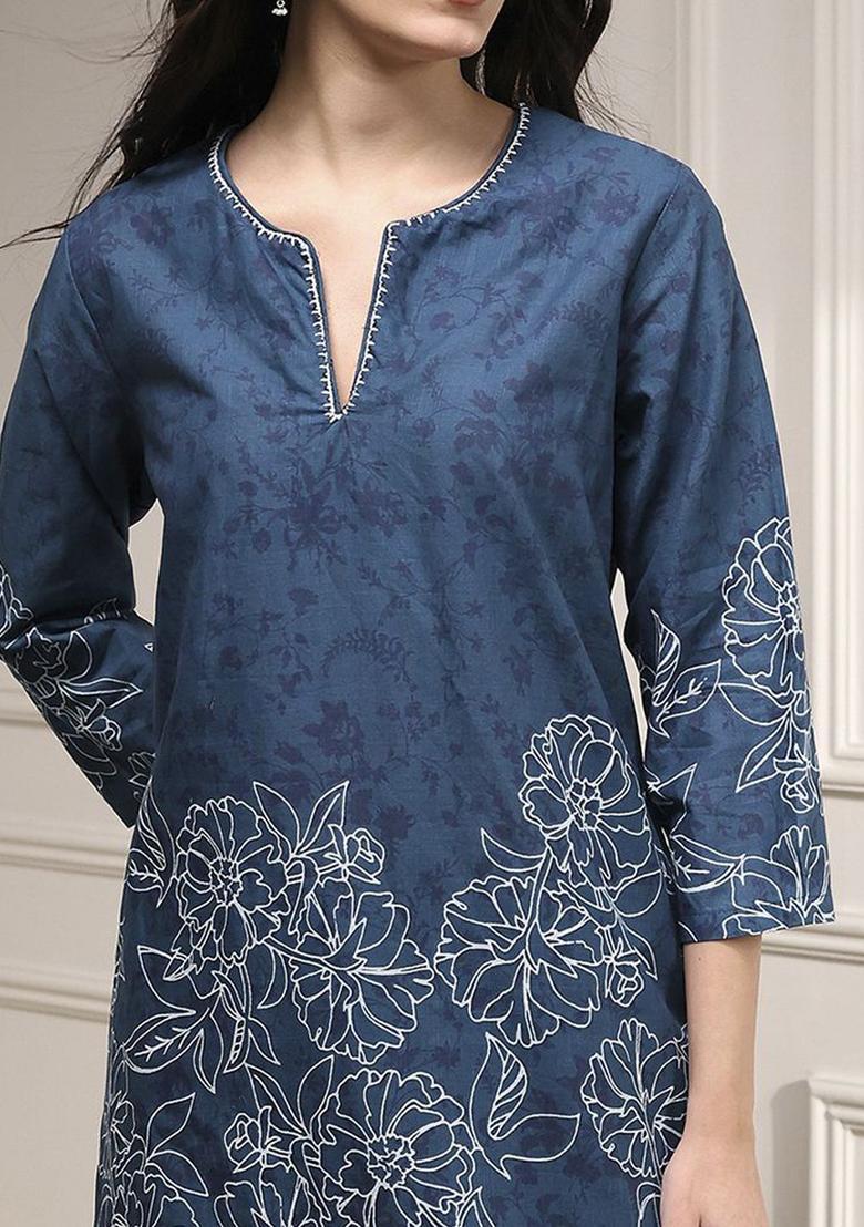 Teal Printed Cotton Kurta Sets - Indya