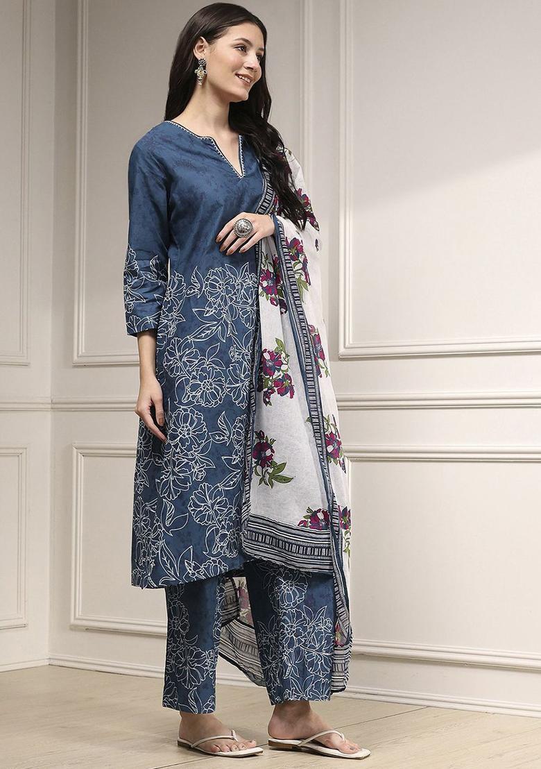 Teal Printed Cotton Kurta Sets - Indya