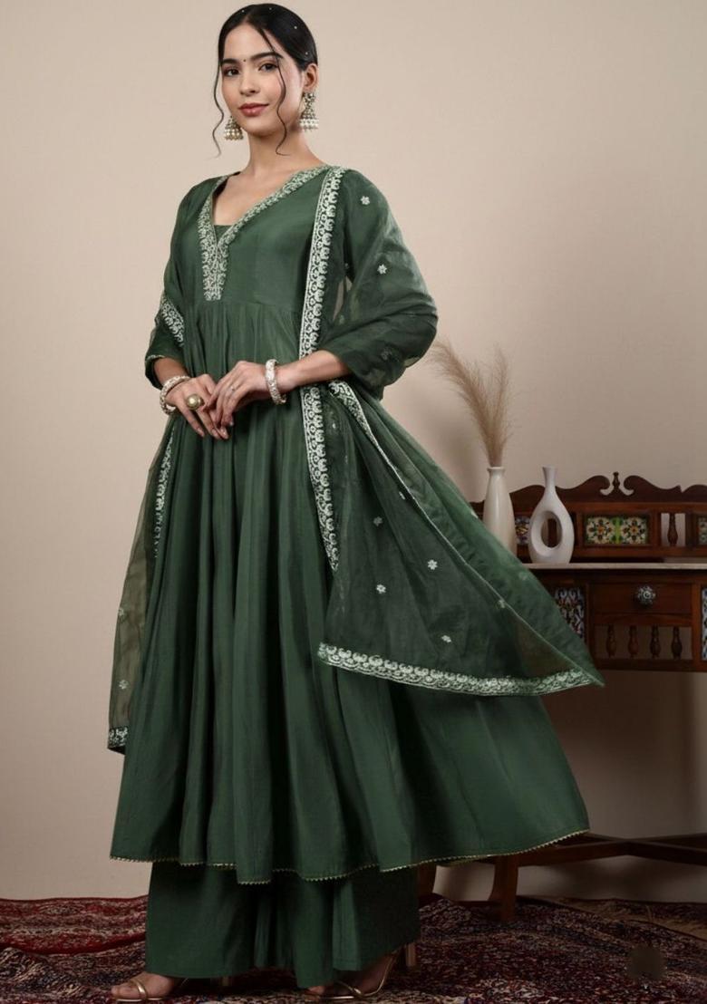 Green Solid Silk Blend Anarkli Sets - Indya